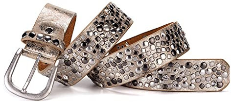 Nietengürtel Gemischt Kristall Metall Punk Rock Strass Ledergürtel Goth mit kreisförmigen quadratischen Nieten für Herren Damen,Gold,110cm/waist:36~38