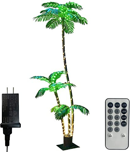 Artificial Palm Tree Christmas Tree 7Ft 3Trunks 260LED Lighted Simulation Tropical Palm Tree Fake Plant Light for Patio Home Office Beach Yard Cruise Hawaiian Party Tiki Bar Decorations - Electric