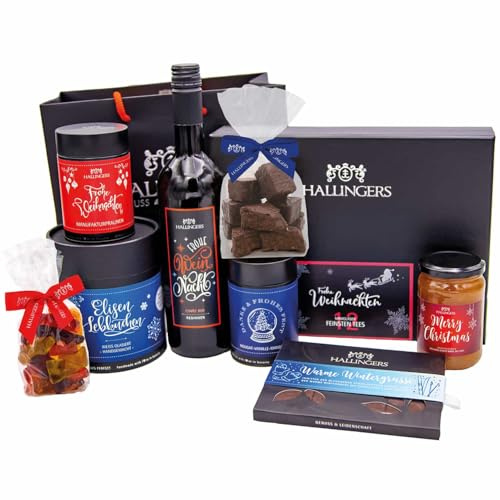 Hallingers Genuss Manufaktur Feinkost Weihnachts-Geschenk-Set - XXL-Geschenkkorb Weihnachtspackerl großes Mitbringsel Wein, Schokolade, Lebkuchen, Mandeln, Konfitüre & mehr, Weihnachten für Frauen