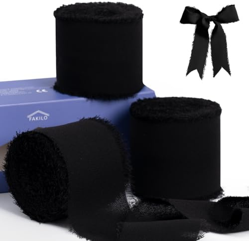 Schwarzes Chiffon-Band zum Verpacken von Geschenken, FAKILO Fransenband 3 Rollen 3,8 cm x 27 m Vintage-Band-Set für Hochzeitseinladungen, Geburtstags-/Urlaubsparty-Dekorationen, Brautsträuße