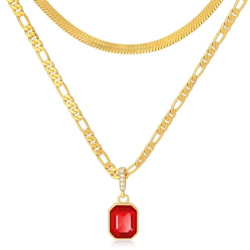 Mesovor Goldene Geschichtet Ketten Halsketten mit Anhänger Kristall, 18 Karat Vergoldete Figaro und Schlangenkette Halsband Halskette für Frauen Mädchen Schmuck Geschenke (Rot)