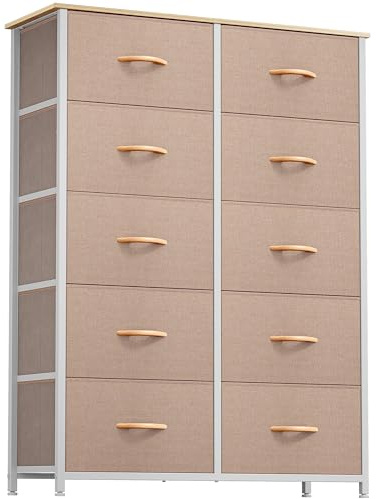 YITAHOME Kommode, Kommode mit 10 Schubladen, Stoffkommode für Schlafzimmer, Wohnzimmer, Schrank,Stabiler Stahlrahmen, Leicht zu Ziehen, Stoffkörbe und Holzoberfläche, Khaki
