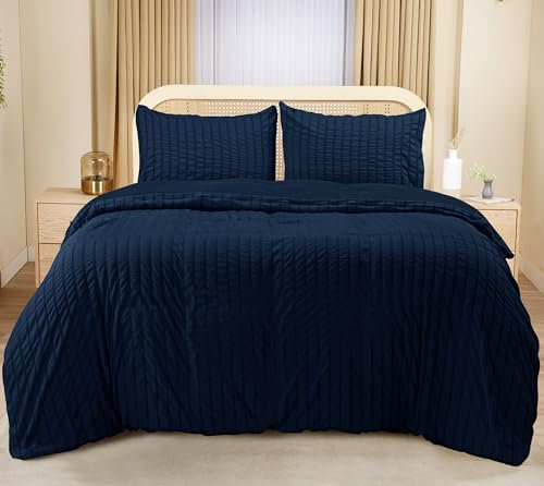 Utopia Bedding Seersucker Funda Nordica Cama 105 - Juego de Funda Nórdica de Microfibra Seersucker 200x200 cm y 2 Funda de Almohada 50x75 cm (Azul Marino)