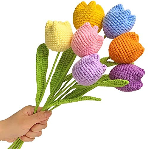 Danlai Handgewebte Strick-Tulips Blumen 7pcs Bunte Künstliche Tulpen Häkeln Blumen Für Office Tisch Hochzeitsheimdekoration