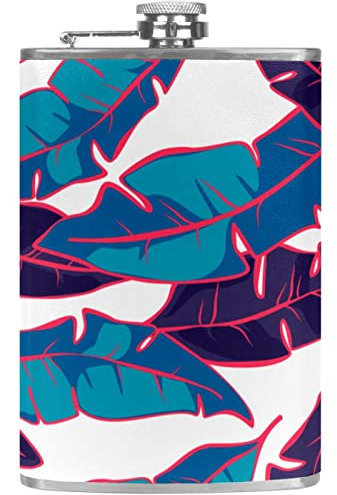 Flasque avec entonnoir Flacons personnalisés,feuilles bleues,Petit flacon portatif en acier inoxydable pour l'alcool