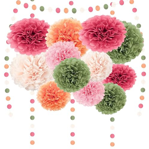 Party Dekoratior-F-J Pompons 15 Stück Rosa Grün Orange Seidenpapier Pompons Deko mit Tissue Papier Pom Poms und Dots Papier Girlande für Hochzeit Abschlussball Babyparty Geburtstag