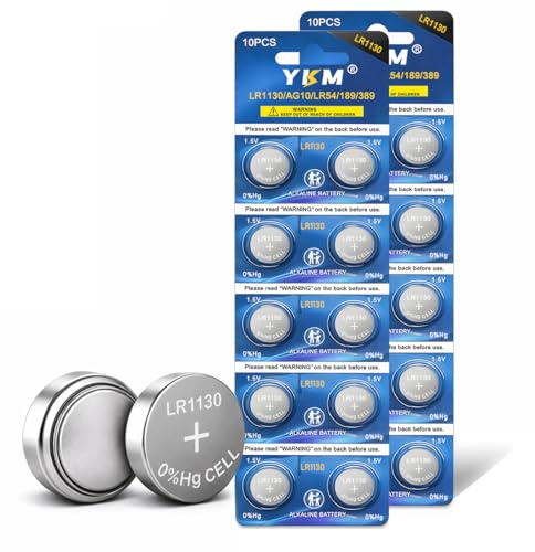 YKM 20 Pack LR1130 Battery AG10 L1131f L1131 L1131c 389 390 LR54 1130 1.5V Alkaline Batteries for Calculator Watch Button Cell Batteries