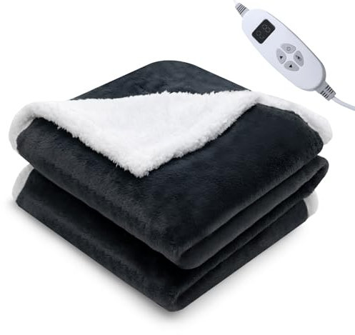 HOMASIS Coperta Termica Elettrica in Doppio-Velluto, 10 Livelli di Riscaldamento, Timer 9H, Coperta Elettrica con Protezione dal Surriscaldamento, Lavabile in Lavatrice, 131 x 160cm (Grigio)