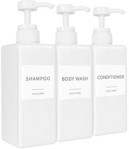 Dispensador de champú y acondicionador, Botellas de plástico Recargables con Etiquetas Impermeables, Juego de dispensador de jabón Corporal vacío para baño, dispensador de jabón de Ducha (Blanco,