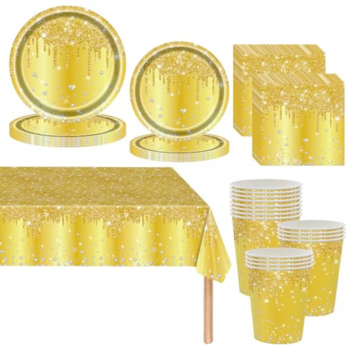 Or Vaisselle de fete 81 Pièces Or Anniversaire Vaisselle Papier Assiettes Jetables Papier Tasses Serviettesr Nappe,pour Anniversaire Fête Mariages Fête de Baby Shower Pique-niques-20 Invités