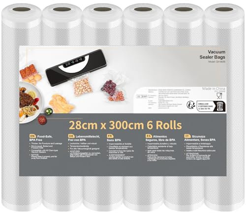 Rouleau Sous Vide Alimentaire, Sac Sous Vide Alimentaire pour L'appareil de Mise Sous Vide, 6 Rouleaux 28x300cm, Film Sous Vide Alimentaire sans BPA