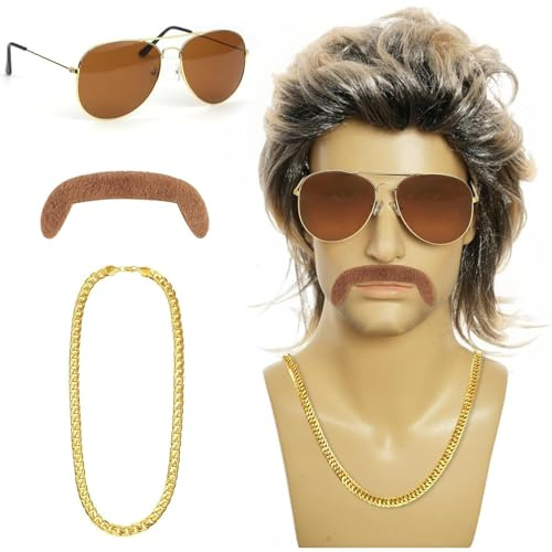 AYNKH 80s Perruque Mulet,DéGuisement AnnéE 80 Perruque Homme Rock Star, SurvêTement, FêTe De Mauvais GoûT, Accessoire, SoiréE à ThèMe, Carnaval
