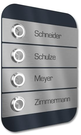 Graviers Design Mehrfamilien Türklingel mit LED Taster 4 Namen Gravur - V2A Edelstahl Klingel 140x185 mm Pulverbeschichtet RAL 7016 - Unterputz wählbar Aufputz für Haustür Mehrfamilienhaus