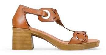 BOSANOVA Sandalias de tacón para Mujer en Piel Color Cuero con Tira en T con Dibujos en Laser y Suela Cuadrada de tacón Ancho Efecto Madera. Cierre con Velcro. Calzado para Mujer Cuero 40