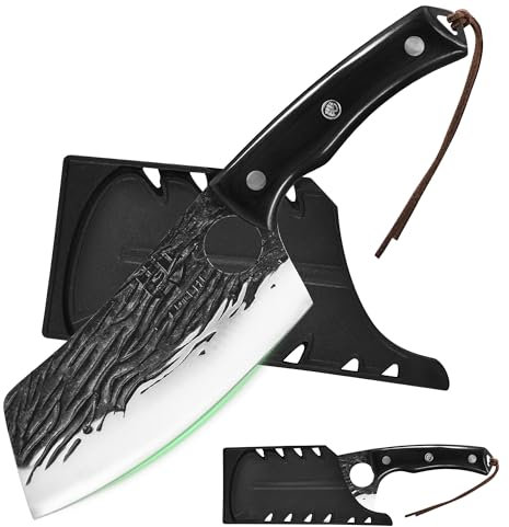 FULLHI 2pcs Coltello da macellaio con fodero, coltello da cuoco serbo Tang, coltello da verdure con mannaia in acciaio al carbonio per esterno, campeggio (Nero, Coltello da cuoco asiatico)