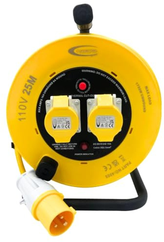 110V Cable Reel 25m Extension Lead Reel 16 Amp 2 Gang Sockets and Plug, IP44 Rated, Heavy Duty 2.5mm Cable with Thermal Cutout Carry Handle and Power Indicator Light