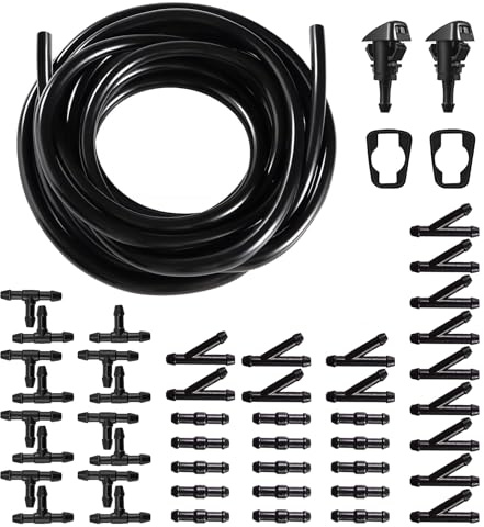 HUAZIZ 5m Tubo Tergicristalli con 45 Pezzi Conettore per Tubi (Tipo Y+I+T)+2 Pcs ugelli lavavetri, Tubi Lavavetri per Parabrezza Dell’auto, Tubo Flessibile per Acqua Tergicristalli, Nero