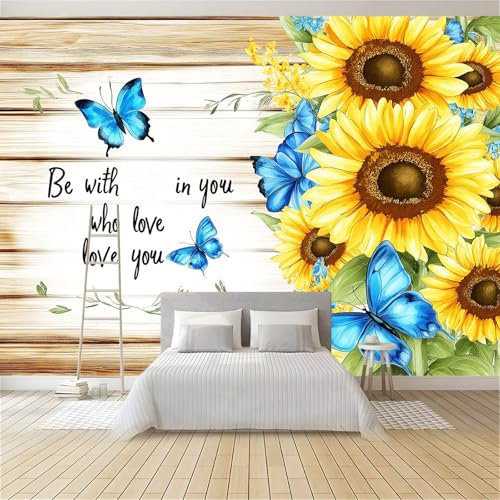 Vlies Fototapete 3D Effekt Braun Aquarell Sonnenblume Schmetterling Vliestapete - Wandtapete Für Wohnzimmer Schlafzimmer Büro Flur Tapete Kinderzimmer Jungen Mädchen Wandtapete 400 x 280 cm