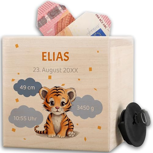 Holzspardose zur Geburt Tiger Holz Spardose mit Geburtsdaten Sparbüchse Tiger Geschenk Baby Geldgeschenk Sparbüchse Geldgeschenk Verpackung I - 10x10cm - Holz - Junge spardosen Personalisieren