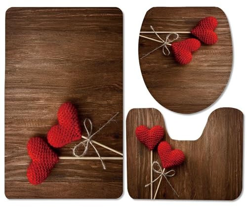 Bad Teppiche Set Braunes Rotes Herz Badezimmerteppich Waschbar WC Vorleger mit Ausschnitt und WC Deckelbezug 3 Teilig Badematte rutschfest Toilettensitzbezug Badgarnitur 45x75 cm