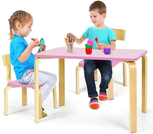 FANTASK 3-teilige Kindersitzgruppe aus Holz, Kindertisch mit 2 Stühlen in Rosa, Kindermöbel-Set, Kindertischgruppe für Arbeitszimmer und Kinderzimmer