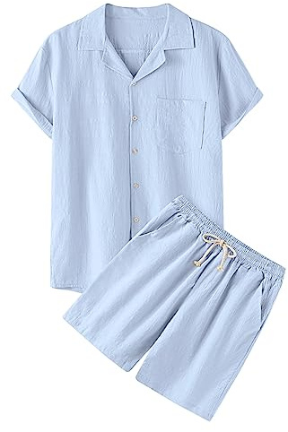 Tuta Uomo Estivi Cotone lino Completo Elegante 2 Pezzi Casual Sportiva Camicia Cotone lino tinta unita a Maniche Corte Pantaloncini Traspirante Spiaggia Set Lose Fit 2 Pezzi