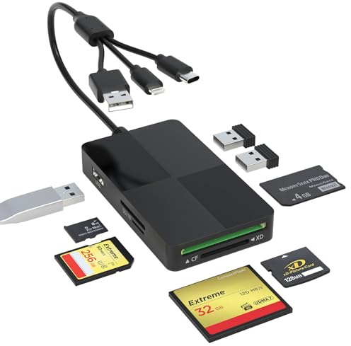 Memory Stick Duo Pro - Adaptador para iPhone 16/15 a 8 pulgadas, 1 lector de tarjetas SD/TF/MS/CF/XD con 3 puertos USB adicionales, tarjeta micro SD/XD de imagen USB C Lightning OTG, lector de