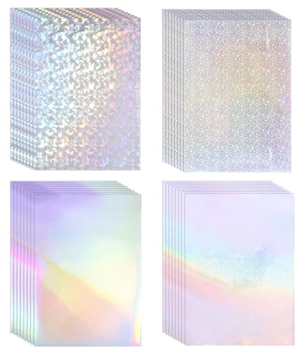 32 Blatt holografische klares Vinyl holografische Aufkleber Papier,Aufkleber Irisierende Folie,Glitzerfolie Abziehbilder Fensterfolie,Selbsthaftend Hologrammfolie Vinylfolie A4 Wasserdicht (4 Muster)