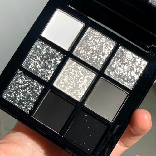 Smokey Silver Glitter Eyeshadow Palette - 9 Shades Of White, Grey & Matte Cool Tones. Long-Lasting, Waterproof Gothic Makeup Palette For Women. Perfect For Smoky Eye Looks & Bold Styles