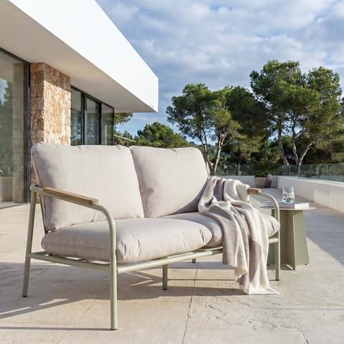 Mendler Aluminium-Gartenbank HWC-O11 125cm Stoff - hellgrün Polster beige | Outdoor, 2-Sitzer, Sitzbank, Sofa, Olefin, (205, g/m²)