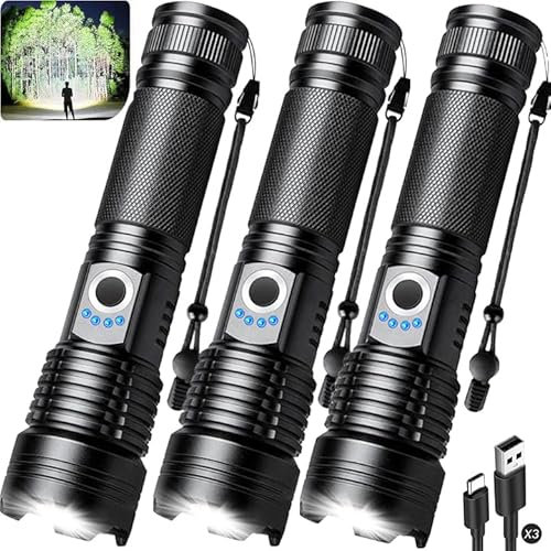 ALSTU Flashlight Rechargeable 99,000 High Lumens - 3 Pack Bright LED Flash Light with 5 Modes, Handheld Waterproof Linterna for Camping, Home, Outdoor