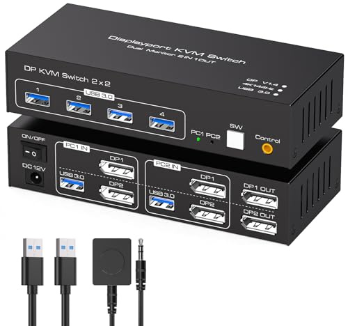 TJCXELE 4K144Hz Displayport KVM Switch 2 Monitors 2 Computers 8K USB 3.0 KVM Switch 2 Port Share Dual Monitor and 4 USB 3.0 Devices Support Extended & Copy Mode With Desktop Controller SW273