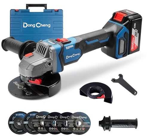 Dong Cheng Cordless Angle Grinder 20V 125mm, 1000W 9000RPM with Variable Speed, Slide Switch, DSC Protection for Cutting, Grinding, Polishing, Included 6 Discs & 4.0Ah Battery Charger Kit