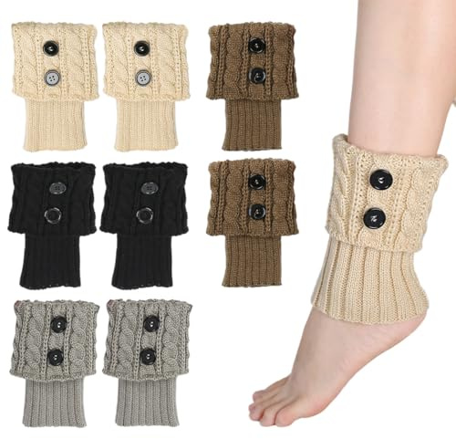 OUDQFCJ 4 Paar Beinstulpen Damen kurz gestrickt Stiefelstulpen mit Zopfmuster und Knöpfen Warme Trachtenstulpen für Herbst Winter Stiefeletten