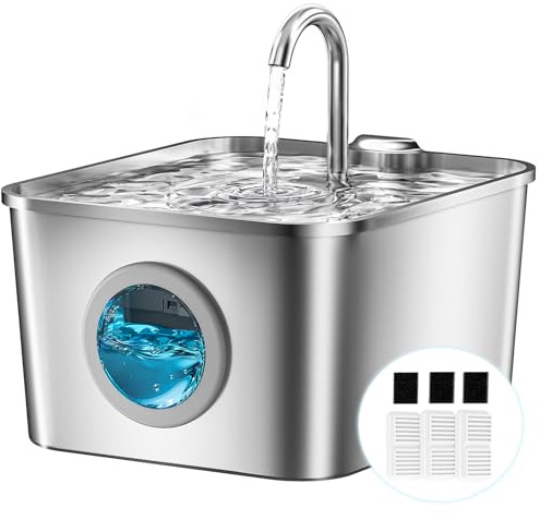 BalimoPet Cat Water Fountain for Drinking: 2.6L Stainless Steel Cat Water Fountain, Multiple Filtration Pet Water Fountain, Built-In Led, Ultra Silent with 3 Sponges and 3 Filter