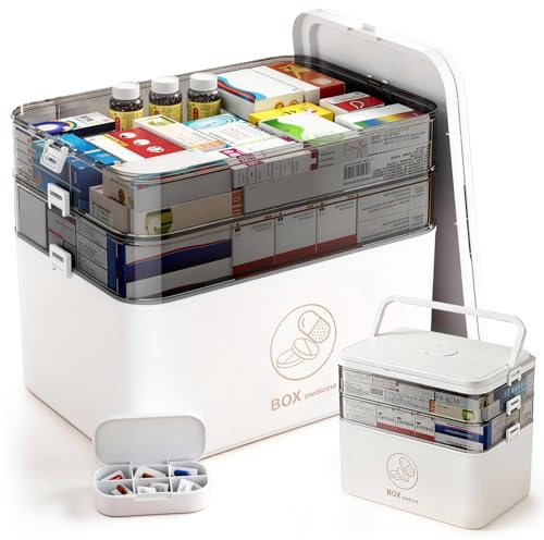 Purecas 3-stöckige Medizinbox | Portable Hausapotheke mit robustem Griff | Ideal für Haushalt, Reise & Notfall | Übersichtliche Aufbewahrung für Tabletten, Verbandsmaterial & Hygieneartikel