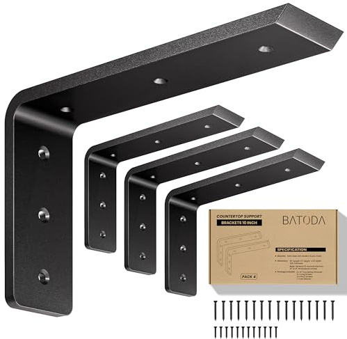 BATODA 10” Countertop Support Brackets (4 PCS) for Granite - Heavy Duty L Shelf Bracket - Wall Mounted Support for DIY Open Shelving – Blind Shelf Support - Shelving Mounting