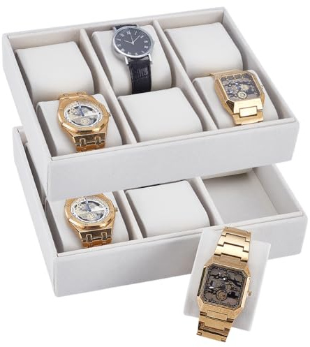 WADORN Paquete de 2 bandejas de terciopelo para relojes, organizador de joyas con 6 rejillas ajustables, soporte de exhibición de pulseras de reloj con almohada extraíble, organizador de joyas
