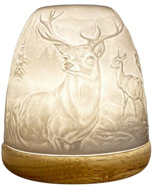 Cello Porcelain Tall Tealight Holder Dome - Highland Stag Design with 3D Projection Image for Scented Unscented LED Candle Wax Warmer Gift Ornament for Home Bedroom Mum Dad