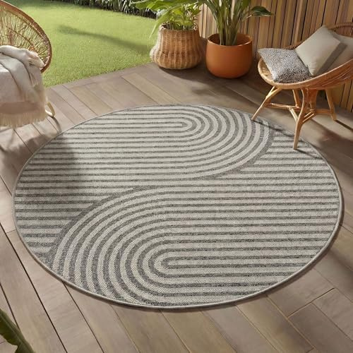 Teppium Tappeto Outdoor Rotondo 120 cm Grigio, Resistente alle Intemperie e UV, Tappeto Balcone Terrazza Giardino, Indoor Outdoor Design Skandi Boho Facile da Pulire