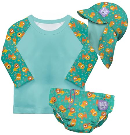 Bambino Mio Conjunto de pañales de natación reutilizables para bebé y niño pequeño unisex (2-3 años) GATOS GUAYS, protección UPF 40+ | pañales de baño, camiseta y gorro de baño