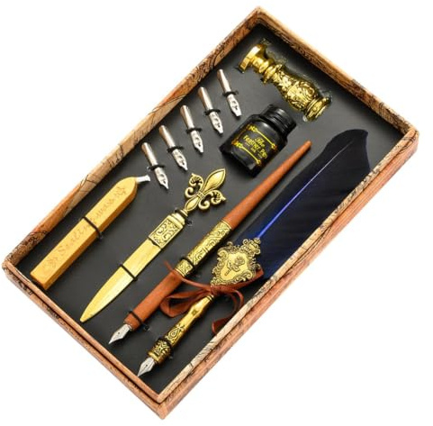 Vintage Quill Pen Set | Vintage kalligrafi fjäderpenna för att skriva | Pen bläckset innehåller fjäderpenna, bläck, ersättningsspetsar, kuvertverktyg, romantisk alla hjärtans present
