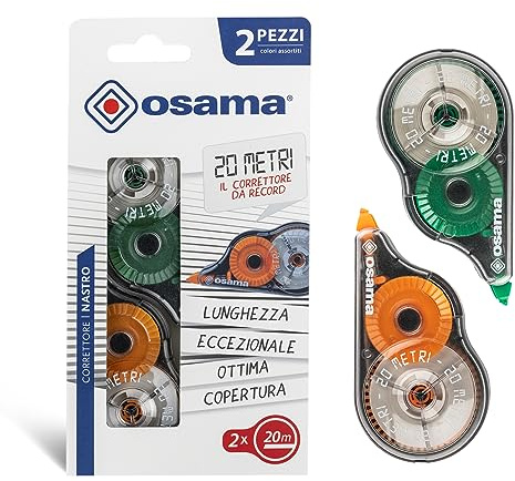 Osama - Correcteur Blanc à Ruban, 20 M, Kit 2 Pièces, Idéal comme Accessoire Bureau, Papeterie et Fourniture Scolaire - Effaceur pour Écrire sans Erreur avec Couverture Optimale Blanche, Longue Durée