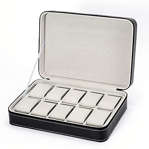 ACMHNC Uhrenbox für 10 Uhren Leder Schwarz Uhrenkoffer Tragbar Uhrenkasten mit Reißverschluss Uhrenschatulle Reisen Schmuckkästchen Uhren Schmuck Aufbewahrungbox für Herren Damen Schmuckschatullen