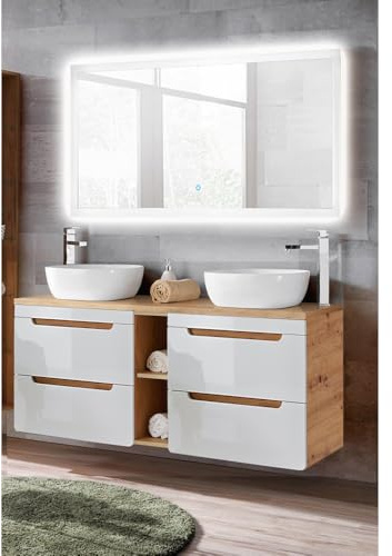 Lomadox Badmöbel Set Doppel-Waschtisch mit Keramikbecken & LED-Spiegel LUTON-56 Hochglanz weiß mit Wotan Eiche Nb. B/H/T ca. 141/200/46 cm