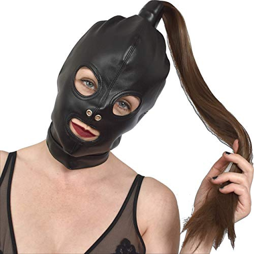 Honeylust Kopfmaske Kunstleder mit Zopf – Fetisch Haube BDSM & Rollenspiel | Bondage Maske mit Augen- & Mundöffnung, verstellbarer Schnürung – Sklavenmaske, Karneval, Ponyplay, SM, Latexoptik