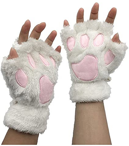 Topgrowth Accessorio Damen Kawaii Katze Plüsch Kunstpelz Cosplay Pfoten Fingerlose Handschuhe - Mädchen Halbfinger Stoff, Schwarz, Einheitsgröße, weiß, One size