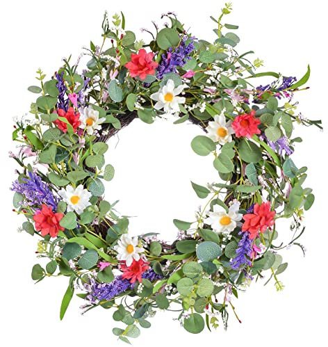 HooAMI 22Inch Door Wreath,Spring Summer Artificial Wreaths Eucalyptus Flower Wreath All Year Decoration for Front Door, Home, Window, Wall, Wedding, Party (Wildflower)