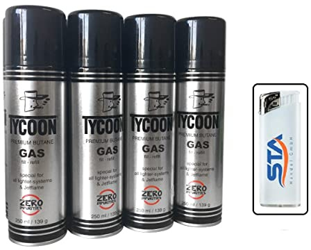 6 x Tycoon Feuerzeuggas Gas Dosen Set Jetflame Butangas Nachfülldose 250ml Dose mit Feuerzeug (1,2 EUR/ 100ml). (6 Flaschen Gas)