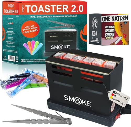 Smoke2u Toaster 2.0 | 800W Elektrischer Kohleanzünder Kohle Grill Kohlen Ofen mit Dreiseitiges-Hitzesystem, inkl. Gitterschutz, Zange, Hygienemundstücke, 6 min fertig - 2kg One Nation Shisha Kohle